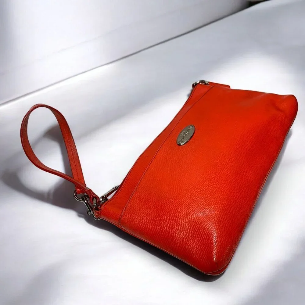 Coach Leather Pop Pouch Red Orange Pebbled Leather Convertible Strap F52598